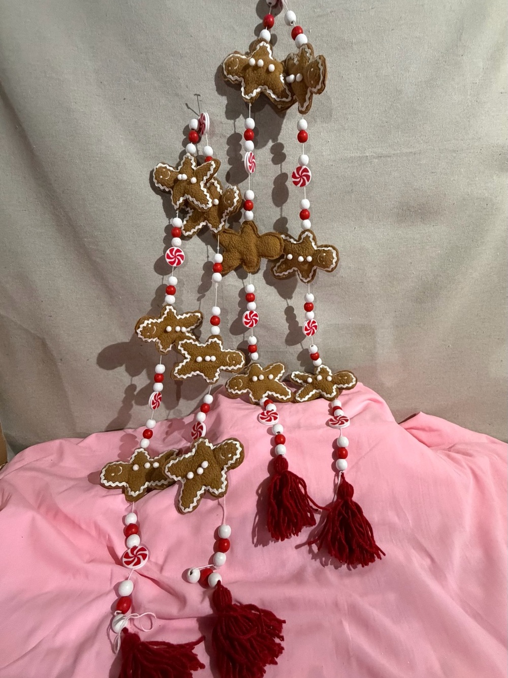 Gingerbread Garland Holiday Decoration - Red & White (lot of 2)